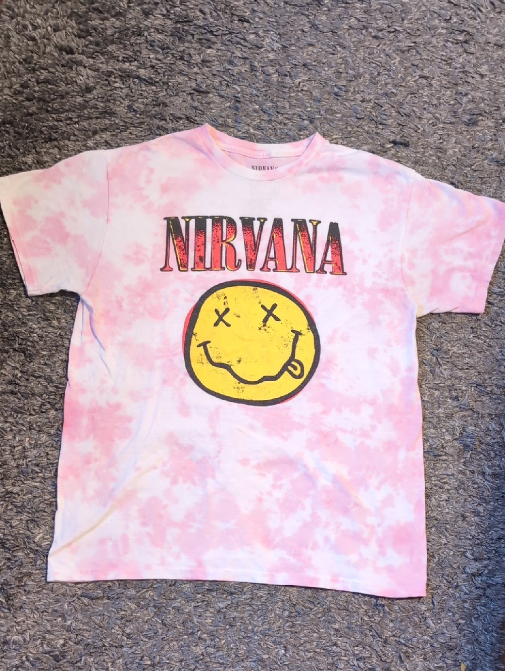 Vintage NIRVANA Pink Tie-Dye Short Sleeve Tee with Yellow Smiley Face Size M